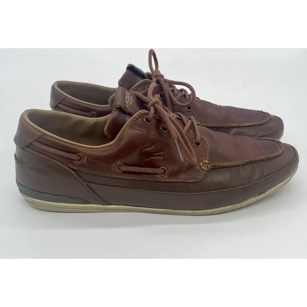 Lacoste Men's Marina‎ Brown Sneakers Boat Shoes Sz 9 42 Leather Designer Casual